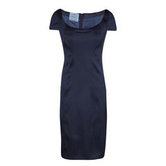 Prada Navy Blue Satin Cap Sleeve Fitted Sheath Dress L