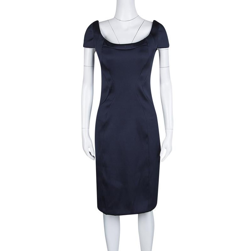 Black Prada Navy Blue Satin Cap Sleeve Fitted Sheath Dress L