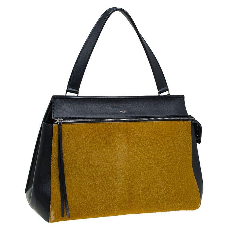 Celine Black/Yellow Leather and Calf Hair Large Edge Tote 5