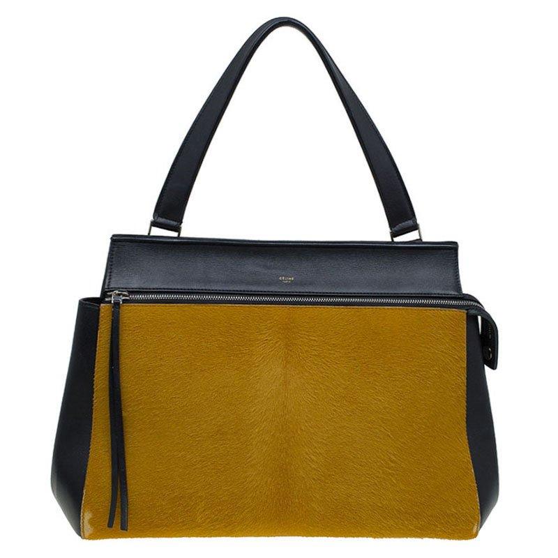 Celine Black/Yellow Leather and Calf Hair Large Edge Tote