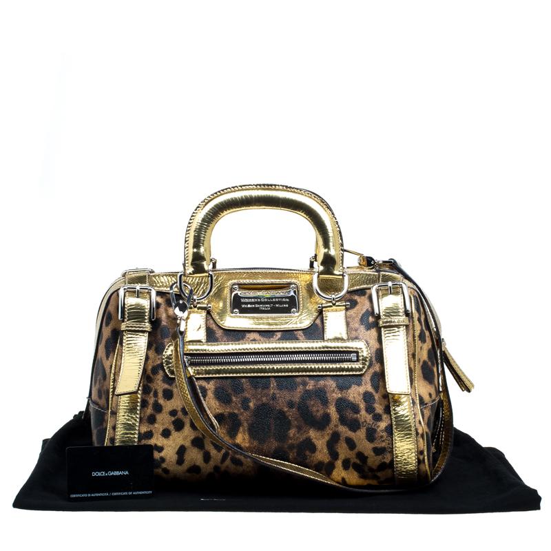 Dolce and Gabbana Gold Leopard Print Leather Miss Easy Way Boston Bag In Good Condition In Dubai, Al Qouz 2