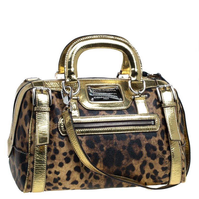 Women's Dolce and Gabbana Gold Leopard Print Leather Miss Easy Way Boston Bag