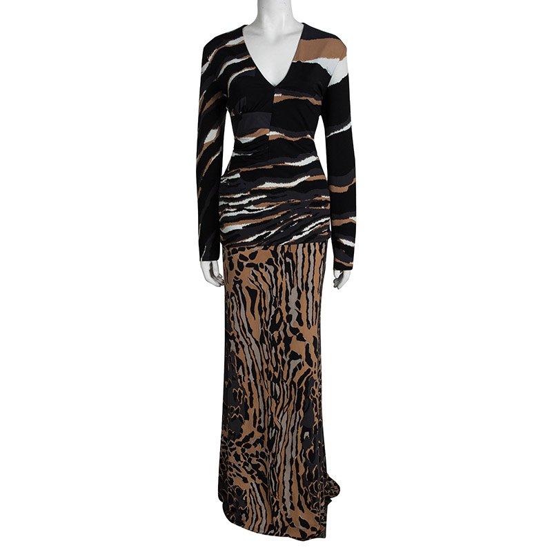 Women's Roberto Cavalli Multicolor Animal Printed Knit Top and Maxi Skirt Set L