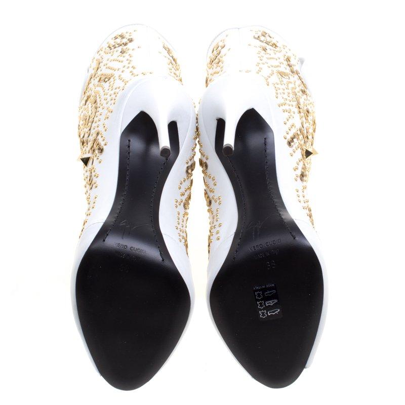 Women's Giuseppe Zanotti White Studded Leather Coline Peep Toe Mid Calf Boots Size 38