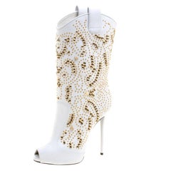 Giuseppe Zanotti White Studded Leather Coline Peep Toe Mid Calf Boots Size 38