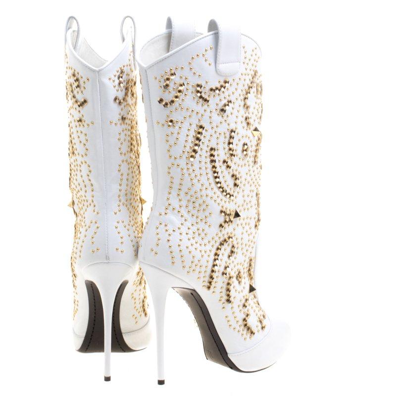 Giuseppe Zanotti White Studded Leather Coline Peep Toe Mid Calf Boots Size 38 In Good Condition In Dubai, Al Qouz 2