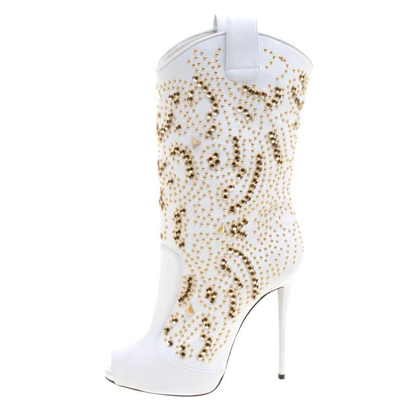 Giuseppe Zanotti White Studded Leather Coline Peep Toe Mid Calf Boots Size 38 4