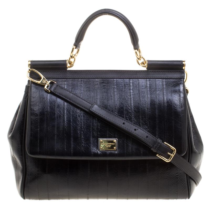 Dolce and Gabbana Black Striped Leather Large Miss Sicily Tote