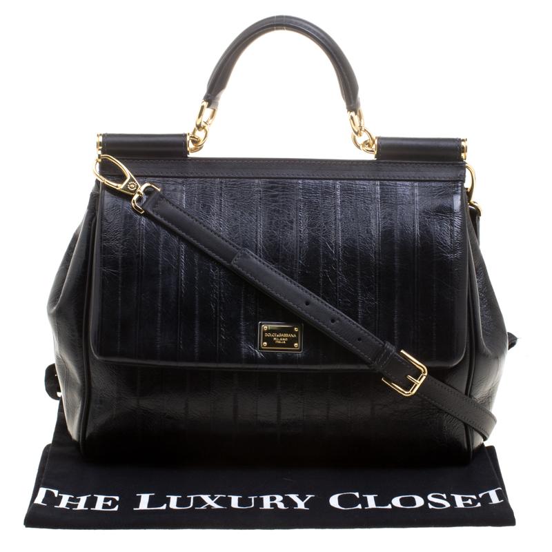 Dolce and Gabbana Black Striped Leather Large Miss Sicily Tote 7