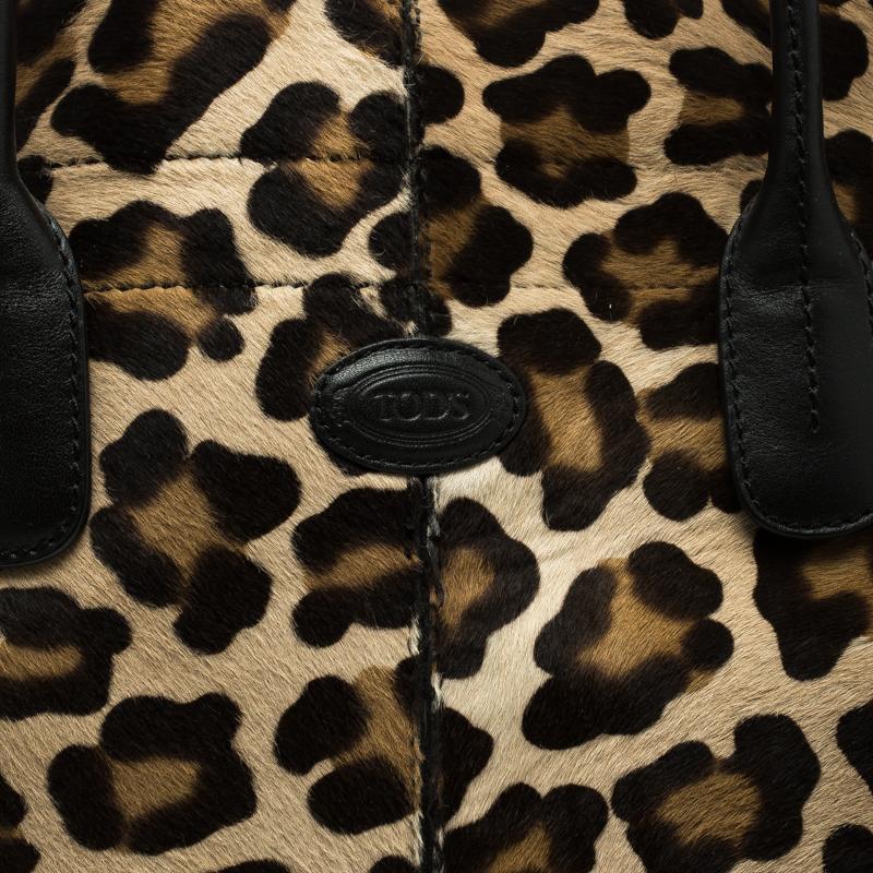 Black Tod's Beige Leopard Print Calfhair Tote