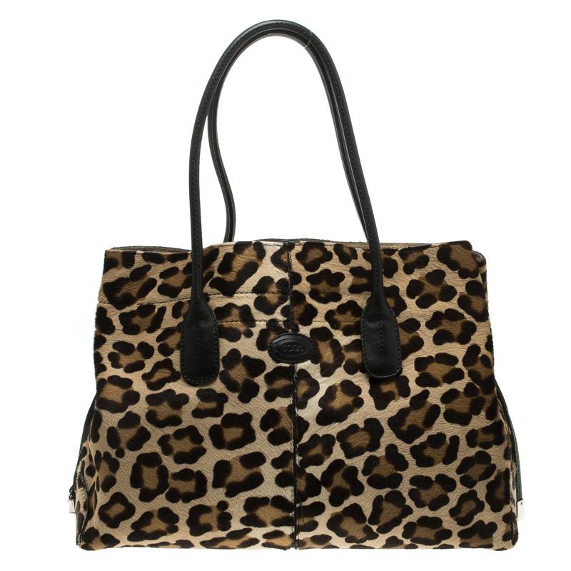 Tod's Beige Leopard Print Calfhair Tote