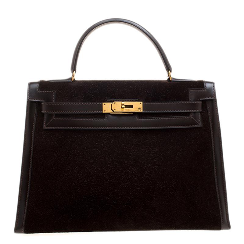 Hermes Dark Marron Box Calf Leather and Suede Gold Hardware Kelly Sellier 32 Bag