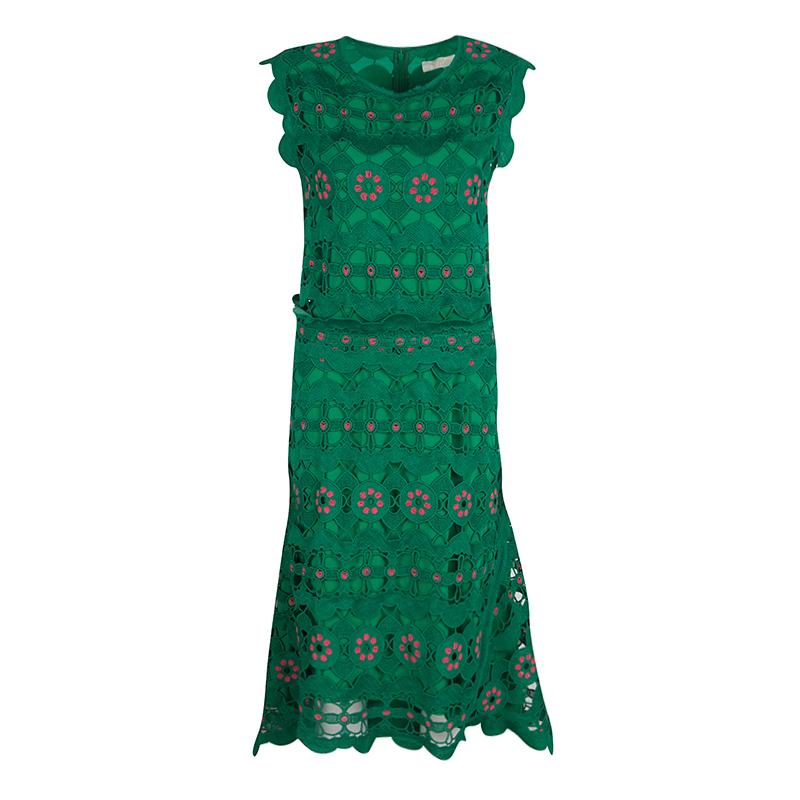 Chloe Grass Green Guipure Lace High Low Midi Dress S