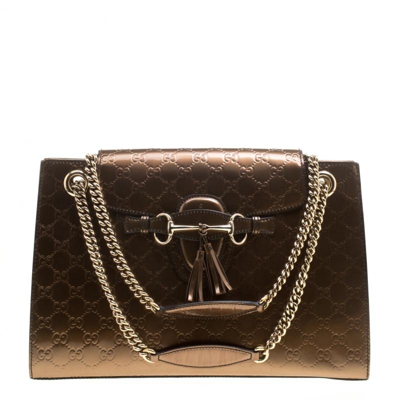 Gucci Brown Guccissima Patent Leather Large Emily Chain Shoulder Bag