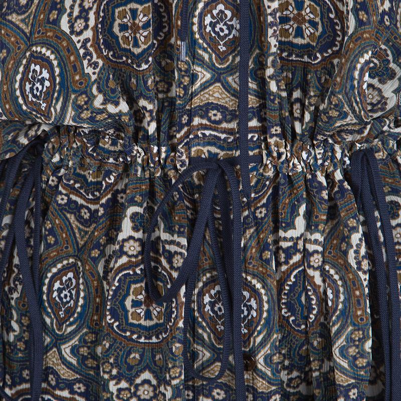 Chloe Printed Silk Chiffon Drawstring Detail Long Sleeve Sheer Blouse M In New Condition In Dubai, Al Qouz 2