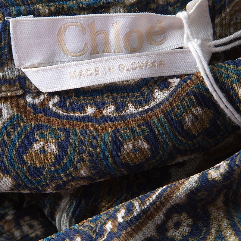 Chloe Printed Silk Chiffon Drawstring Detail Long Sleeve Sheer Blouse M 1