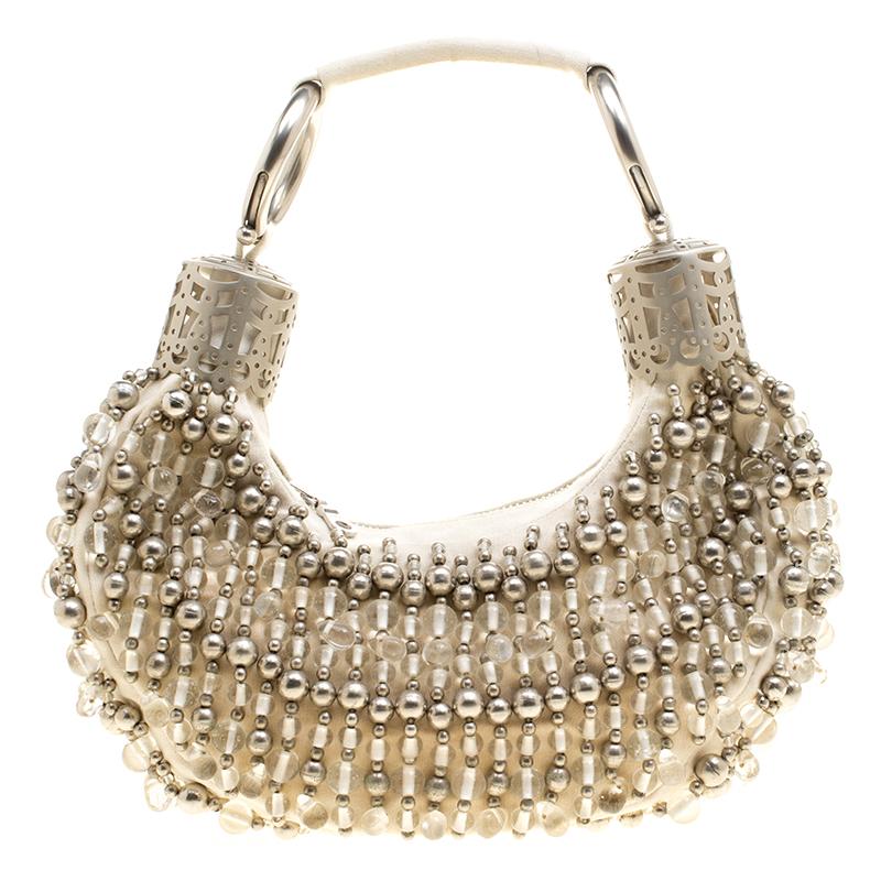 Chloe Off White Canvas Beaded Embellished Crescent Hobo In Excellent Condition In Dubai, Al Qouz 2