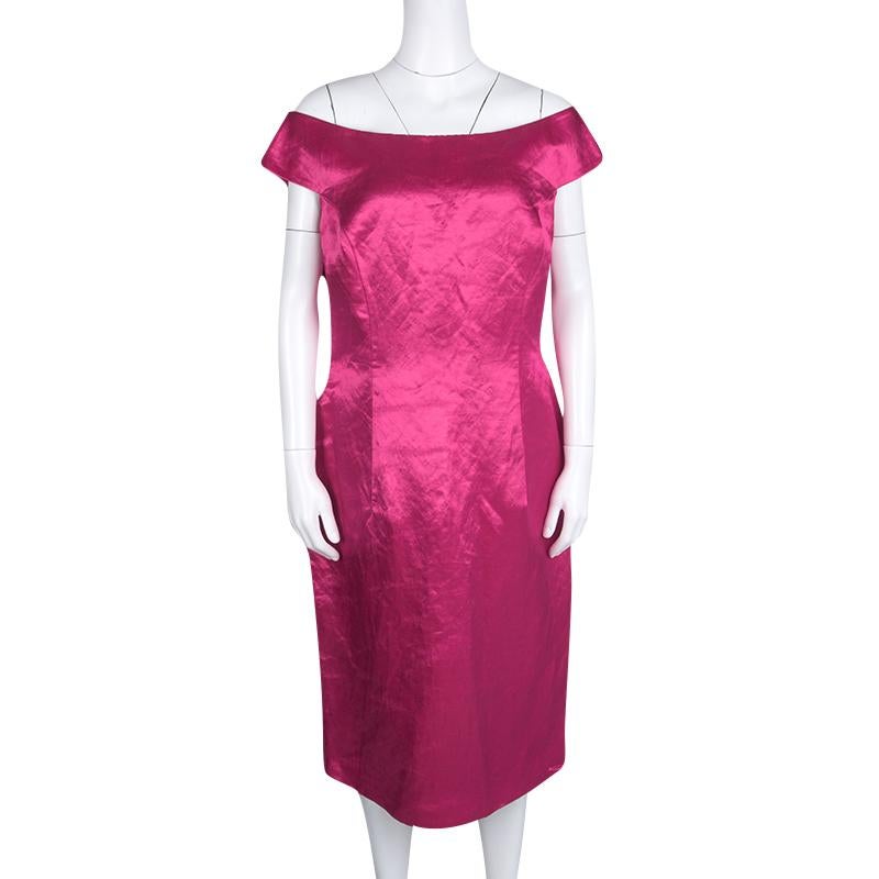 Dior Fuschia Pink Satin Boat Neck Sheath Dress XL In New Condition In Dubai, Al Qouz 2