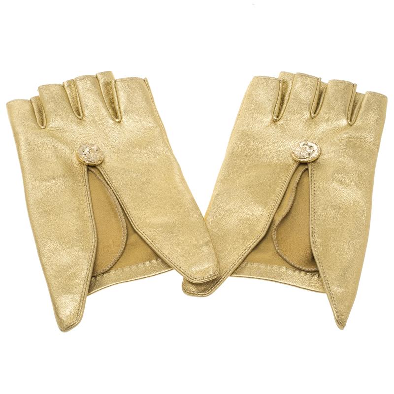 Chanel Gold Leather Fingerless Gloves 7.5