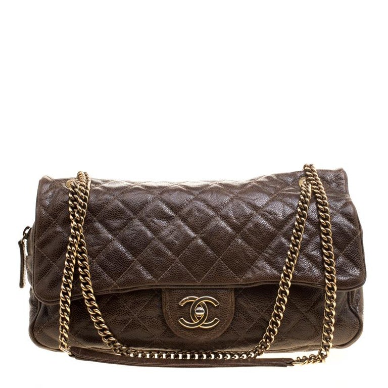 Chanel Brown Quilted Glazed Leather Large Shiva Flap Bag at