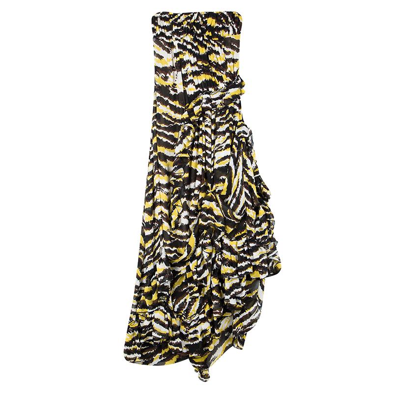 Missoni Multicolor Tiger Print Ruffled Silk Strapless Tansy Dress S