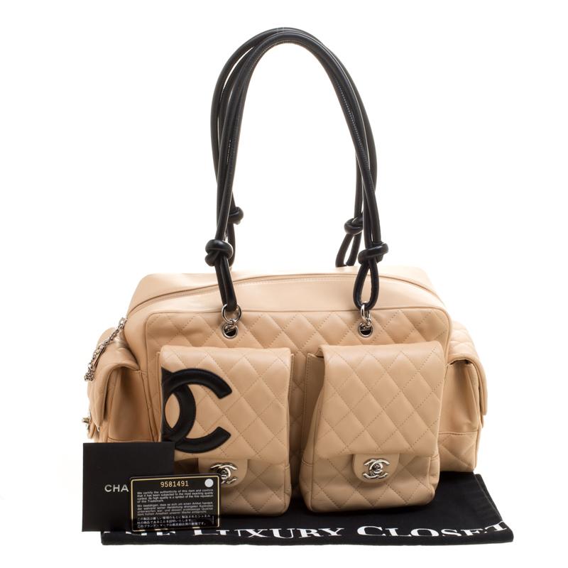 Chanel Beige/Black Quilted Leather Ligne Cambon Reporter Bag In Good Condition In Dubai, Al Qouz 2