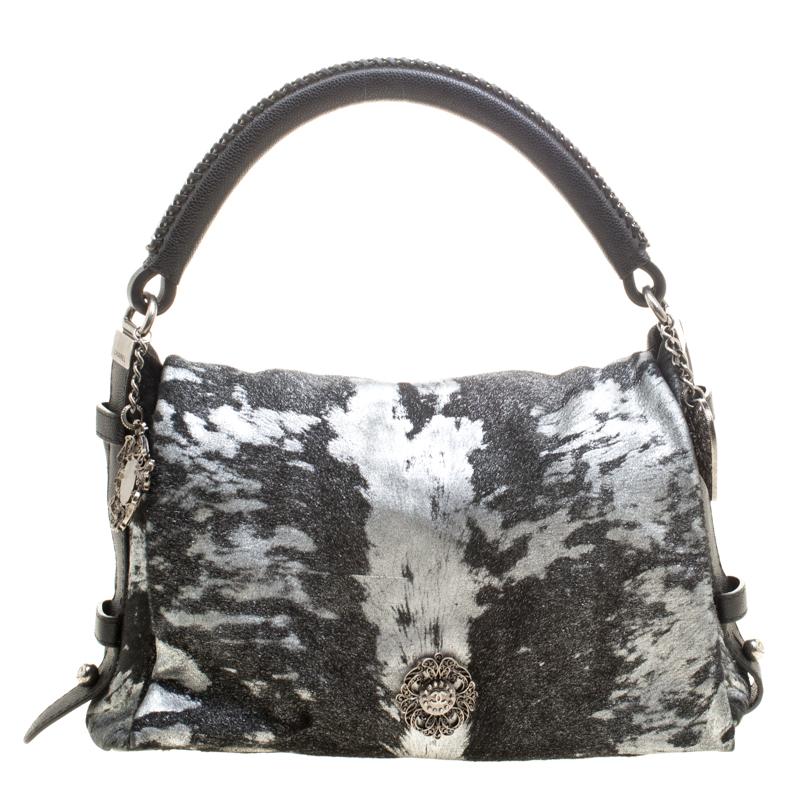 Chanel Metallic Black/Silver Pony Hair and Leather Top Handle Satchel