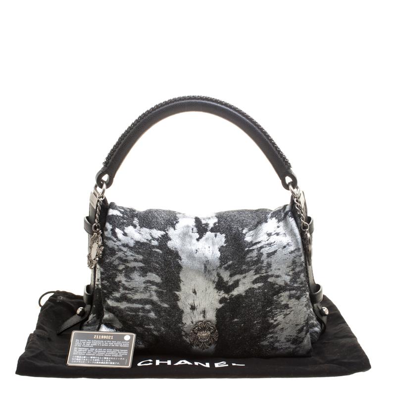 Chanel Metallic Black/Silver Pony Hair and Leather Top Handle Satchel 7