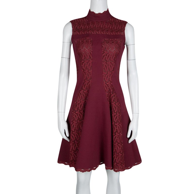 Brown Alexander McQueen Maroon Lace Panel Scallop Trim Detail Sleeveless Dress S