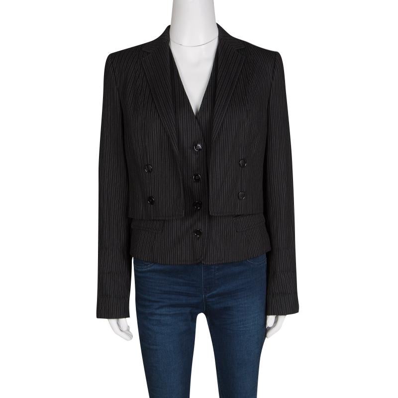 Dolce and Gabbana Black Pin Striped Wool Layered Blazer M In Excellent Condition In Dubai, Al Qouz 2