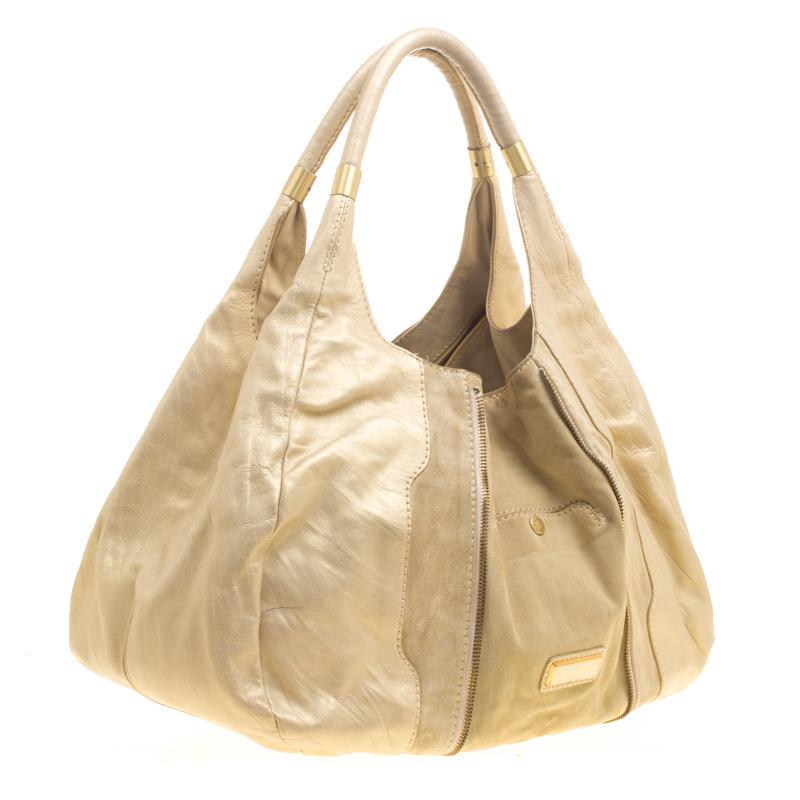 Jimmy Choo Beige/Gold Leather and Suede Mandah Expandle Bag 6