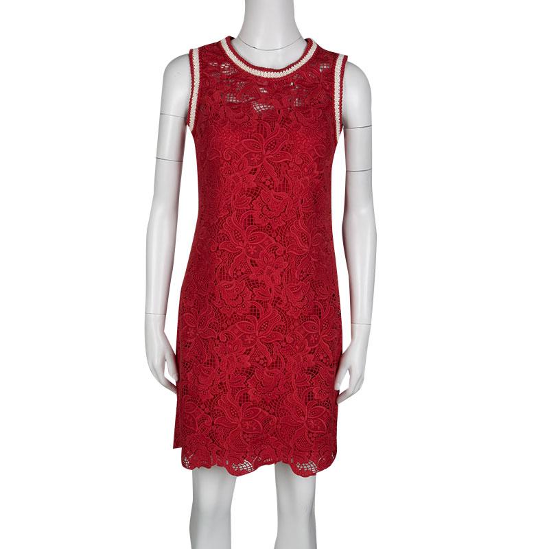 Ermanno Scervino Red Floral Lace Contrast Trim Sleeveless Dress S In Excellent Condition In Dubai, Al Qouz 2