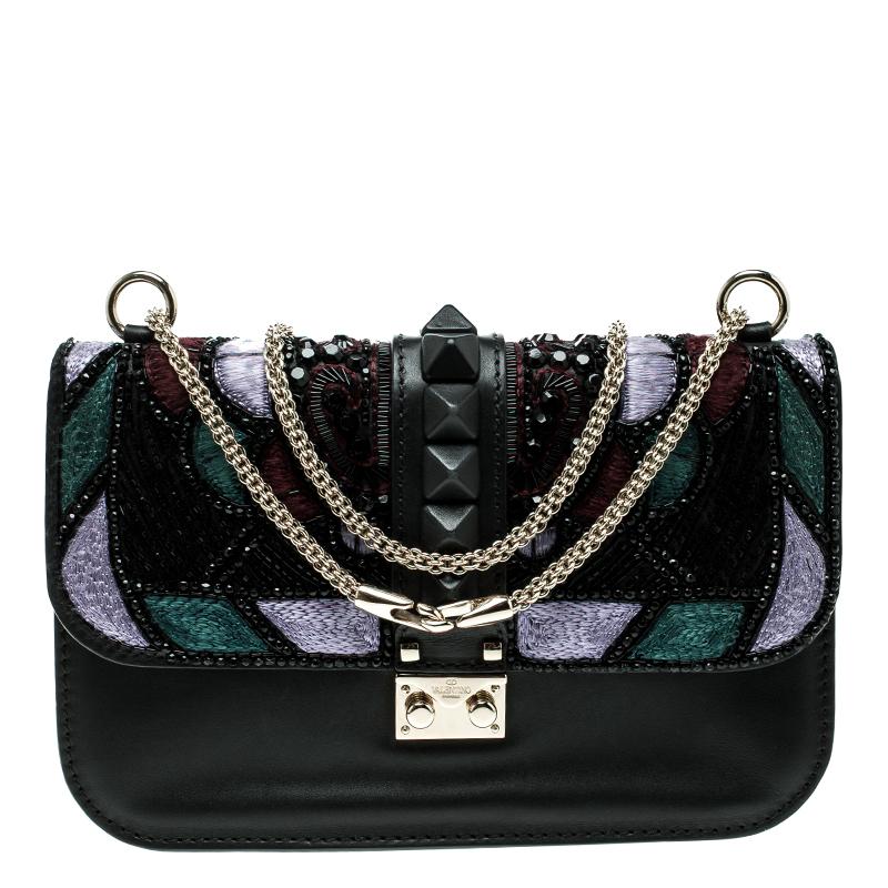 Valentino Black Leather Medium Beads Embellished Glam Lock Shoulder Bag