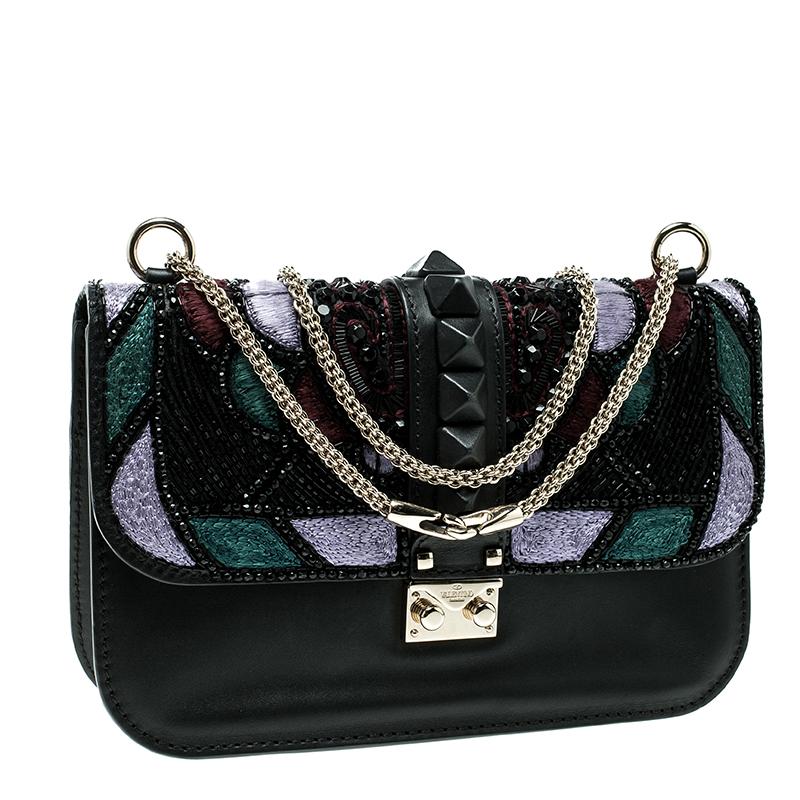 Valentino Black Leather Medium Beads Embellished Glam Lock Shoulder Bag 4