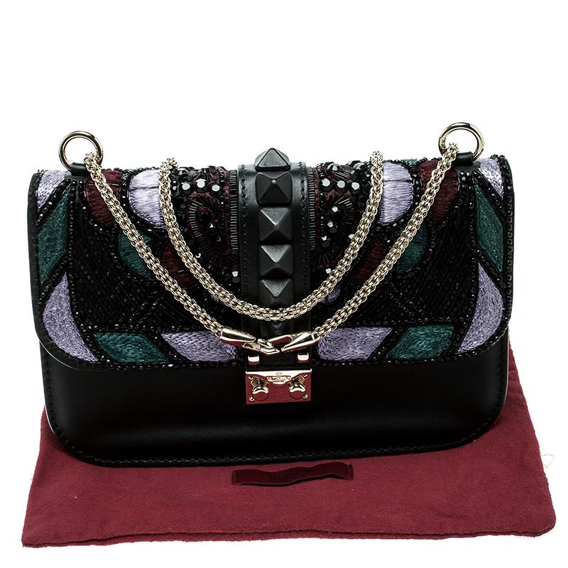 Valentino Black Leather Medium Beads Embellished Glam Lock Shoulder Bag 7