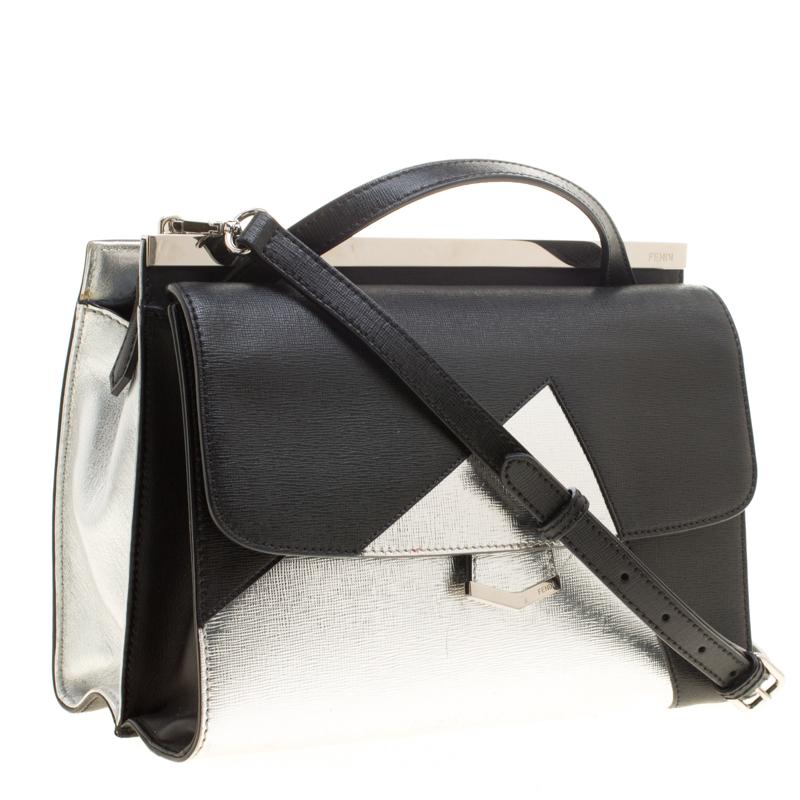 Fendi Black/Silver Textured Leather Small Color Block Demi Jour Shoulder Bag