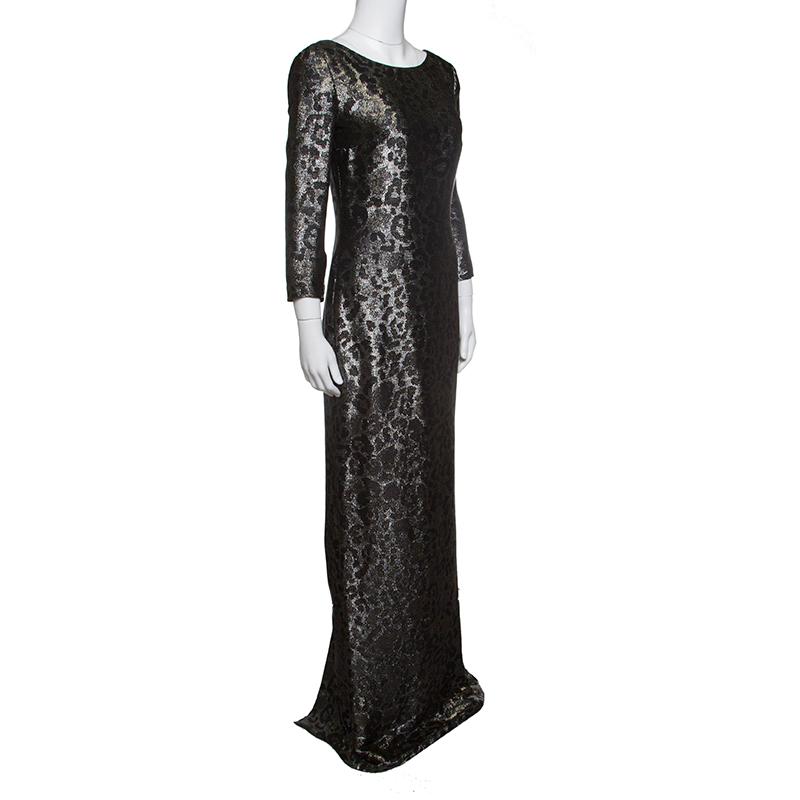 Black Gucci Metallic Animal Pattern Lurex Jacquard Long Sleeve Gown S