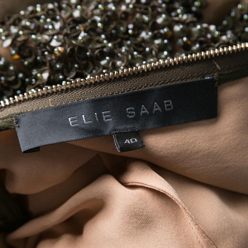 Women's Elie Saab Dark Green Embellished Tulle Long Sleeve Gown S