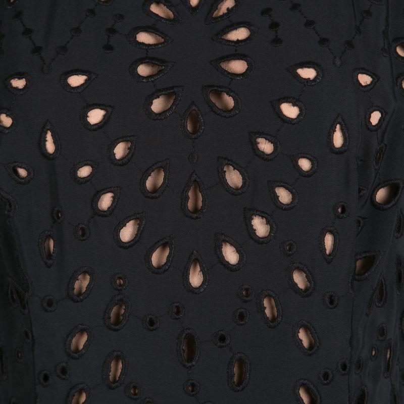 Women's Elie Saab Black Eyelet Embroidered Gathered Sleeveless Maxi Dress S