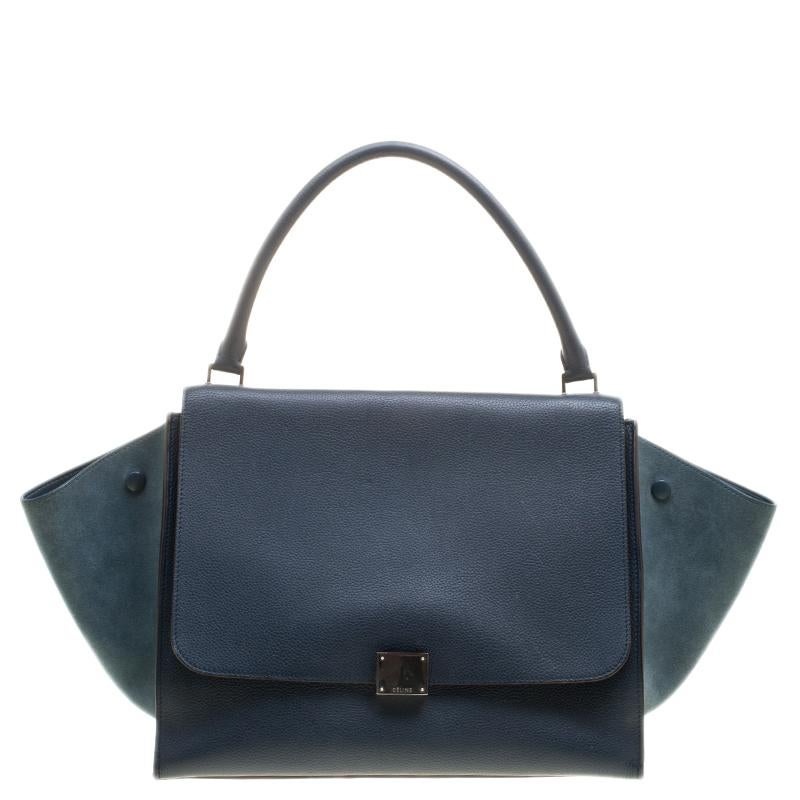 Celine Blue Leather and Suede Large Trapeze Tote