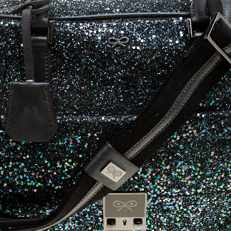 Anya Hindmarch Black Glitter and Leather Carker Boston Bag 3
