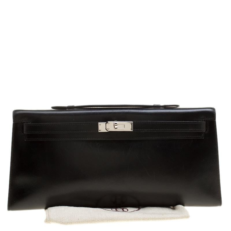 Hermes Black Box Calf Leather Palladium Hardware Kelly Longue Clutch 34cm 4