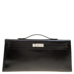 Hermes Black Box Calf Leather Palladium Hardware Kelly Longue Clutch 34cm