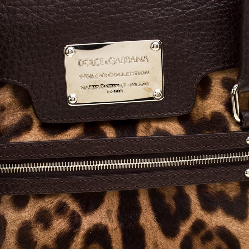 Women's Dolce and Gabbana Dark Brown Leopard Print Leather and Calf Hair Top Handle Bag