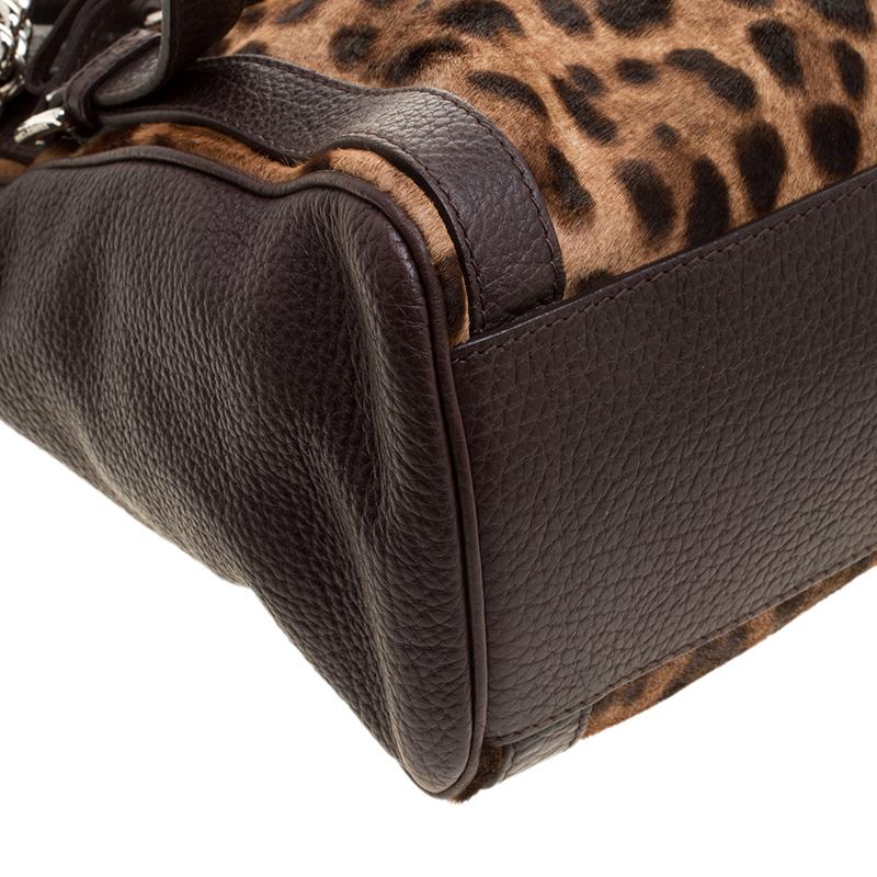Dolce and Gabbana Dark Brown Leopard Print Leather and Calf Hair Top Handle Bag 6