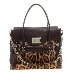 Dolce and Gabbana Dark Brown Leopard Print Leather and Calf Hair Top Handle Bag