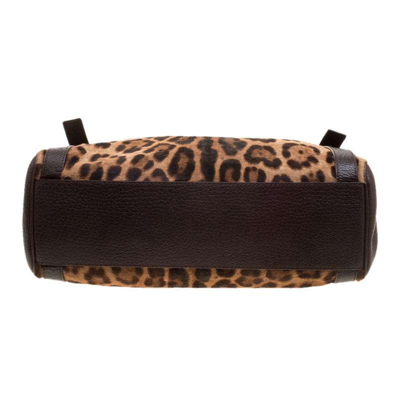 Dolce and Gabbana Dark Brown Leopard Print Leather and Calf Hair Top Handle Bag 1