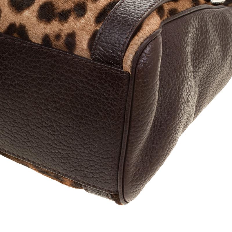 Dolce and Gabbana Dark Brown Leopard Print Leather and Calf Hair Top Handle Bag 5