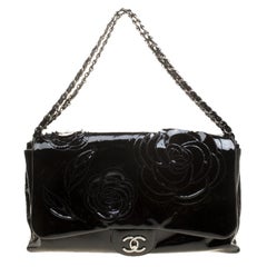 Chanel Black Patent Leather Camellia Accordion 3 Classic Flap Bag