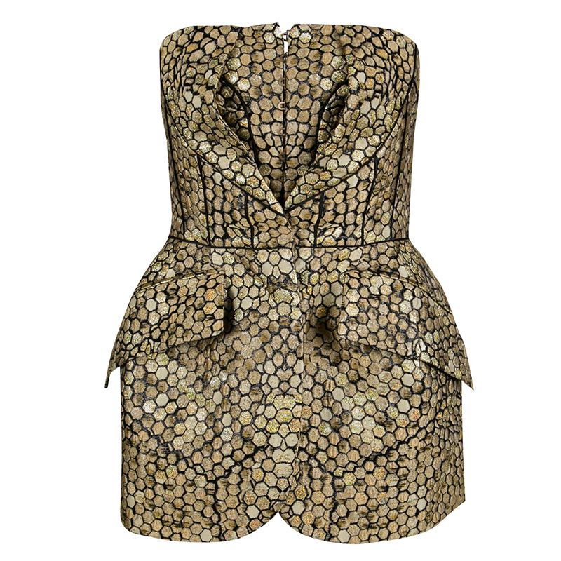 Alexander McQueen Gold and Black Honeycomb Pattern Jacquard Strapless Corset Top